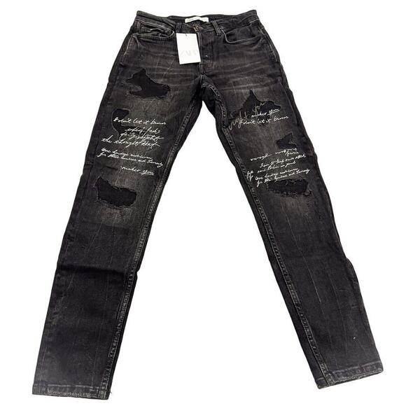 Zara Ripped Denim Graphic Text Distressed Denim Jeans Black/Gray NWT Size 40 - Picture 2 of 10
